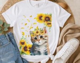 Sunflower Cat PNG Design – Watercolor Kitten Clipart (Digital Download)