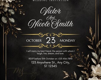 Black Gold Floral Wedding Invitation Template, Elegant Modern Save the Date (Digital Download)
