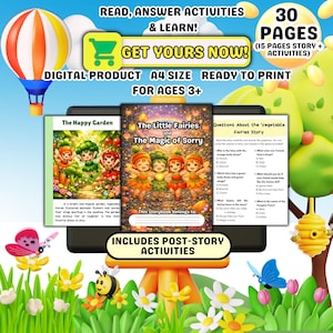 May include: A digital product for ages 3+ featuring a storybook titled "The Little Fairies and The Magic of Sorry" with 30 pages of story and activities. The image includes the text "Read, Answer Activities & Learn!" and "Get Yours Now!"