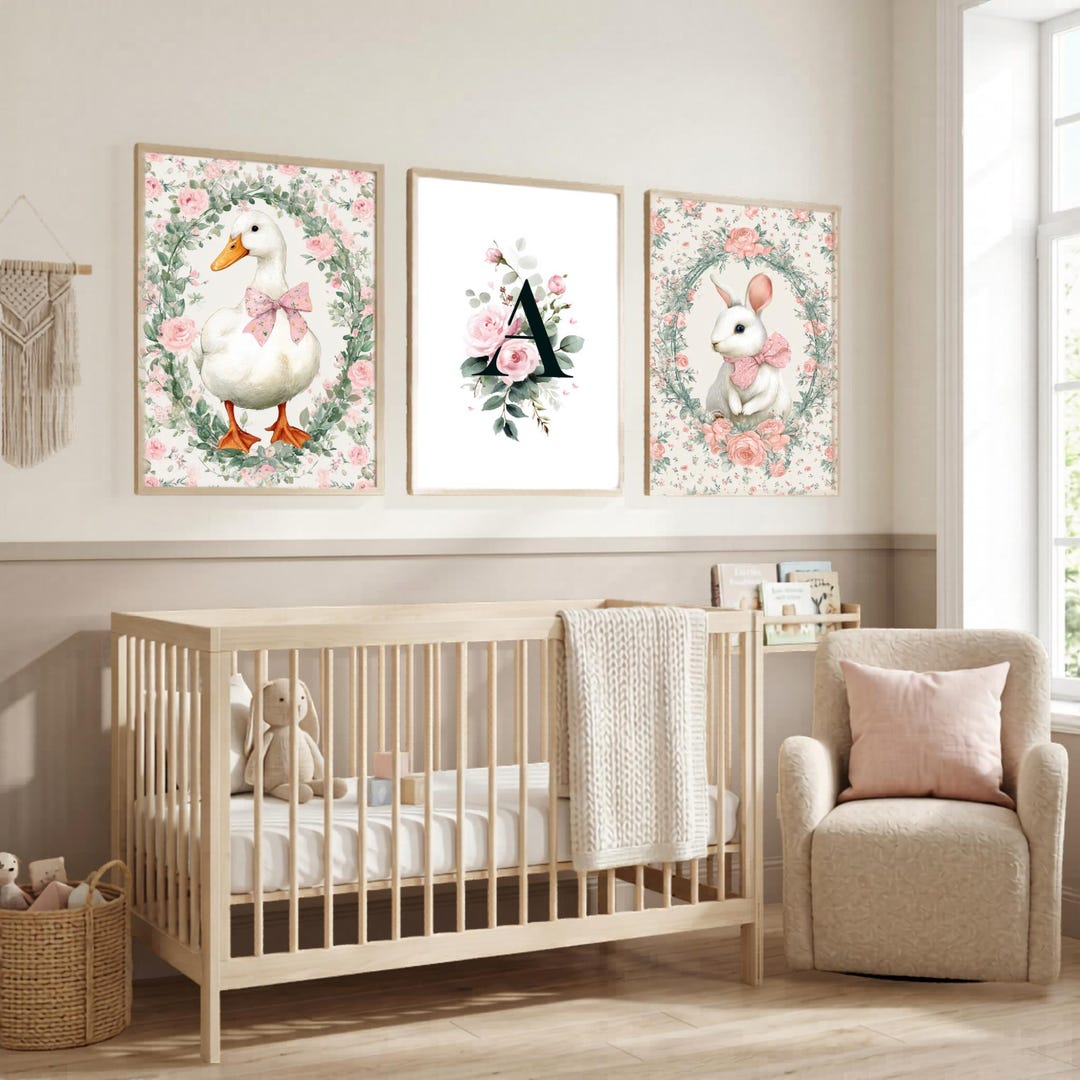 Floral Duck Bunny Nursery Set of 3, Custom Initial Baby Girl Decor ...
