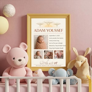 May include: A yellow-framed birth announcement print featuring the name Adam Youssef, three photos of a newborn, and birth details including 12 September 2025, seven pounds, four ounces, twenty inches long, born at five past midnight.