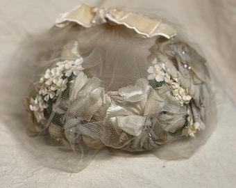 Vintage Floral Wedding Hat Fascinator, Ivory Tulle Headpiece, Union Made Bridal Headband, Retro Bridal Hair Accessory