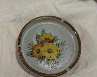 Vintage 1970s Ceramic Ashtray Floral Stoneware Ash Tray Retro Smoking Decor Yellow Orange Flowers