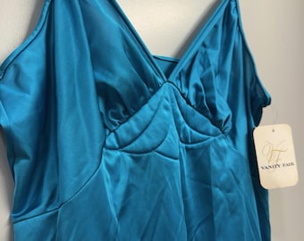 Vintage Vanity Fair Nightgown Slip Dress Blue Antron Nylon Maxi Dress 70s 80s Deadstock Lingerie Dress Size 36