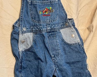 Vintage 90s Jordache Denim Shortalls Baby Overalls Embroidered Race Car Striped Pockets