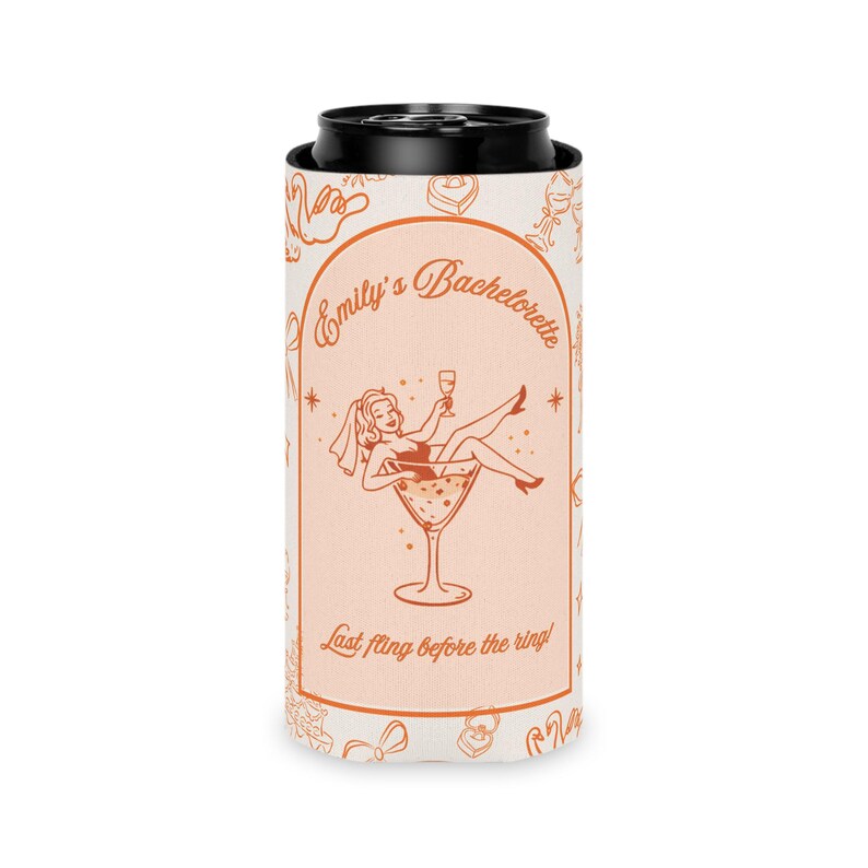 Vintage Bachelorette Koozie Can Cooler | Cream Orange Bridal Party image 3