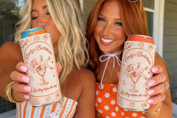 Vintage Bachelorette Koozie Can Cooler | Cream Orange Bridal Party