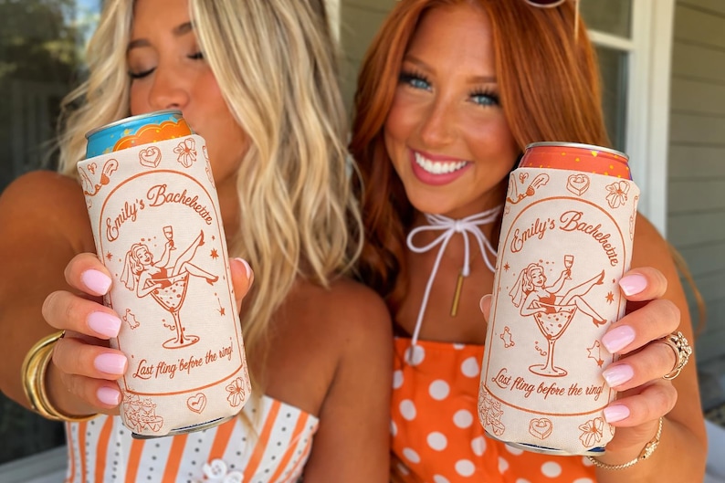 Vintage Bachelorette Koozie Can Cooler | Cream Orange Bridal Party image 1