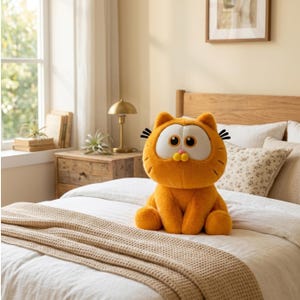 May include: A plush toy shaped like an orange cat with a large, rounded head, white facial features, a small pink nose, and two yellow circular accents. The cat has black embroidered whiskers and sits upright with a soft, textured fabric finish.