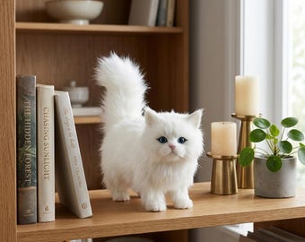 Realistic White Kitten Plush, Lifelike Faux Cat Figure, Soft Decorative Doll, Blue Eyes, 12cm
