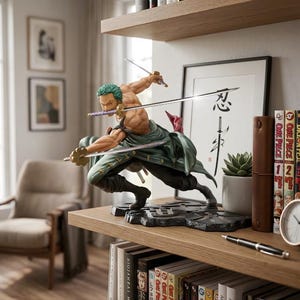 以下が含まれることがあります： アニメシリーズワンピースのキャラクターの精巧なフィギュア。三本の剣を構えた姿。緑色の髪と服を着て、ダイナミックなアクションポーズをとっている。本やアートワークが置かれた棚に飾られている。