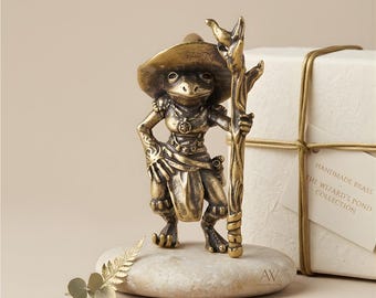 Brass Frog Wizard Figurine Vintage Metal Desk Decor Mini Fantasy Statue Gift