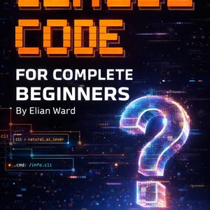 Op de afbeelding: Boekomslag met de titel "CLAUDE CODE" in oranje pixelletters. Daaronder staat de tekst "FOR COMPLETE BEGINNERS" door Elian Ward. Een groot, gloeiend vraagteken staat rechts, tegen een donkerblauwe en paarse achtergrond.