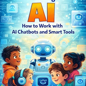 May include: A book cover titled "The Kid's Guide to Using AI" features a colorful illustration. The cover shows children interacting with a robot and using laptops. The title text is blue and the word "AI" is in large orange letters. The author's name is at the bottom.