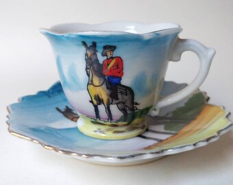 Vintage Gift for Her for Her Equestrian Gift Lucky Horseshoe Teacup and Saucer Blue and Pink Floral in an English Countryside