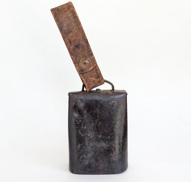 Older Vintage Primitive Cow Bell W/ Leather Strap- Fold Rivet Style ...