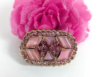 Older Vintage Pink Molded Glass & Rhinestone Brooch- Retro Era 1940s Gold Tone Finish Aged Patinaed Look