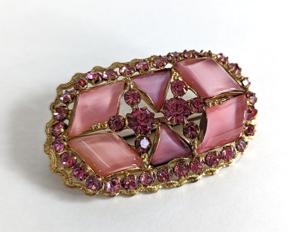 Older Vintage Pink Molded Glass & Rhinestone Broo… - image 4