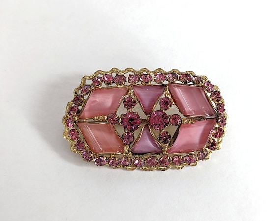 Older Vintage Pink Molded Glass & Rhinestone Broo… - image 2