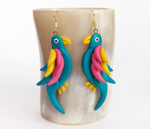 1990s Vintage Polymer Clay Parrot Earrings- Dangl… - image 1