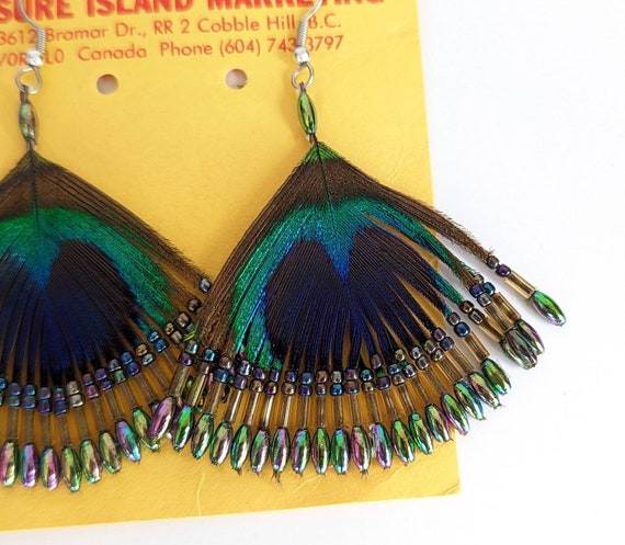 Funky Vintage Peacock Feather & Bead Earrings- Da… - image 3