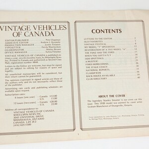 May include: A vintage magazine cover featuring a black and white illustration of a Stanley Steamer car. The magazine is titled "Vintage Vehicles of Canada" and includes a table of contents with articles about classic cars.