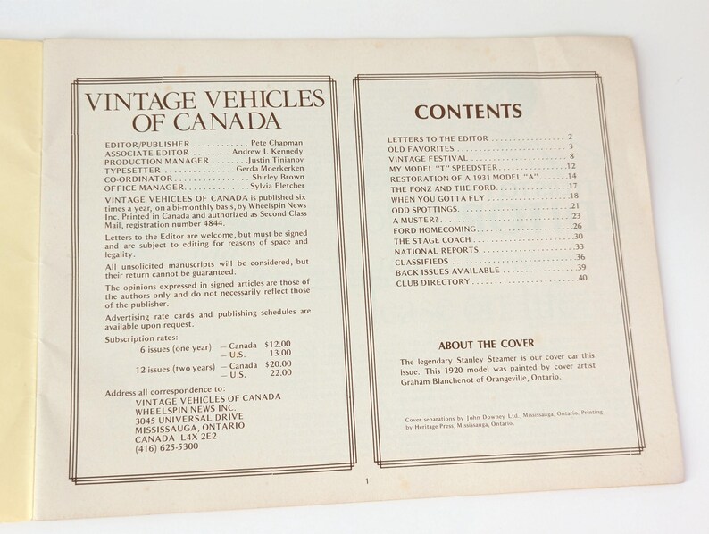 May include: A vintage magazine cover featuring a black and white illustration of a Stanley Steamer car. The magazine is titled "Vintage Vehicles of Canada" and includes a table of contents with articles about classic cars.