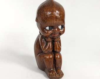 Older Vintage Alberto Lena Black Kewpie Doll Made in Italy- Kewpie with Wings Composite Material Aged Crackled Finish Collectible Figurine
