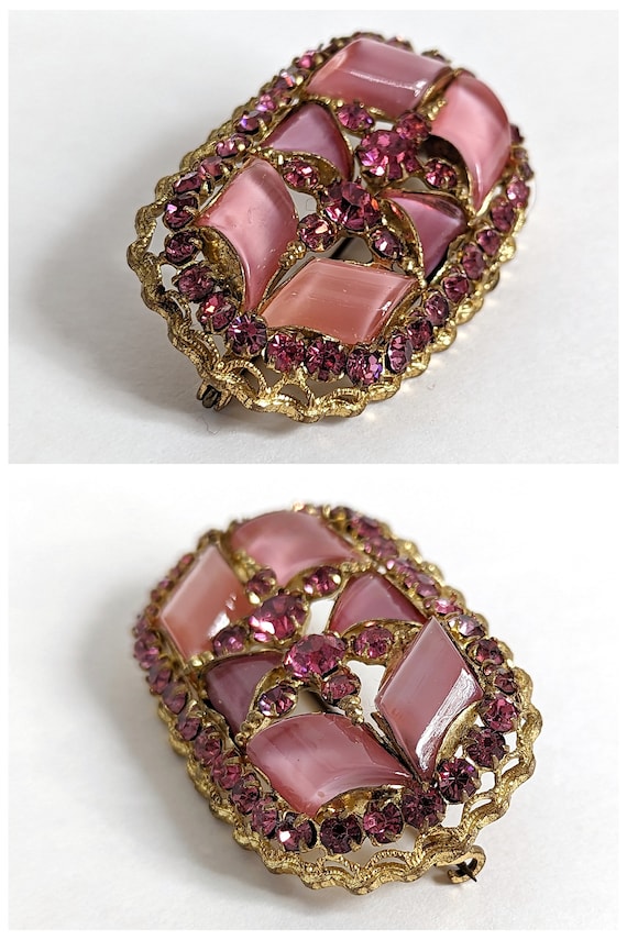 Older Vintage Pink Molded Glass & Rhinestone Broo… - image 5