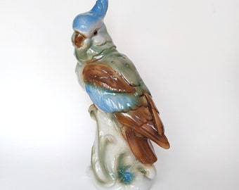 Vintage 12 3/4" Tall Cockatoo Bird Perfume Lamp / TV Lamp- NO WIRING Ceramic Collectible Home Decor Funky Retro Boho Blue Brown Repurpose