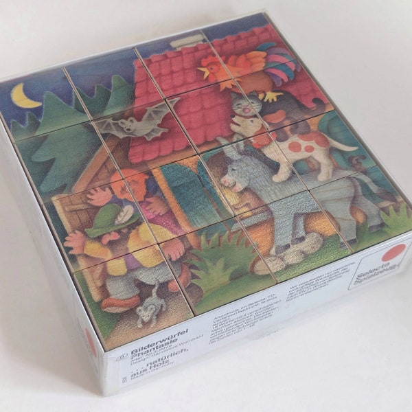 Vtg. SELECTA SPIELZEUG "Fantasy" Puzzle Blocks Picture Cubes- Fairy Tales Original Box Made in Germany Wood Natural Materials Children's Toy