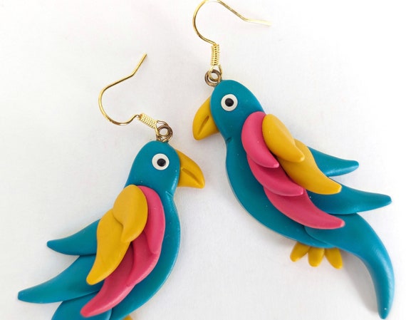 1990s Vintage Polymer Clay Parrot Earrings- Dangl… - image 4