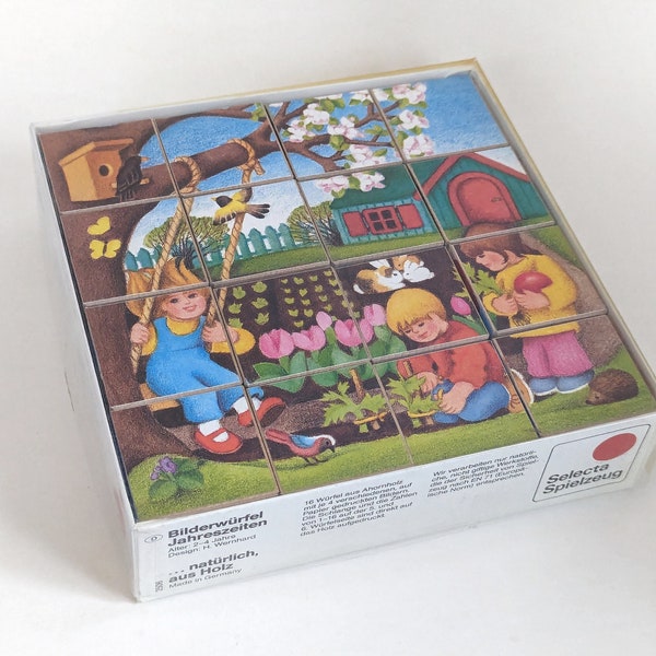 Vtg. SELECTA SPIELZEUG "Four Seasons" Puzzle Blocks Picture Cubes- Original Box Made in Germany Maple Wood Natural Materials Children's Toy