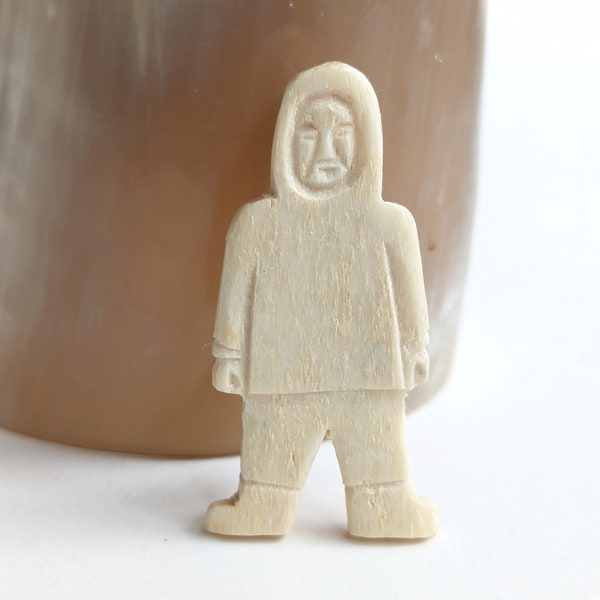 Vtg. Inuit Hand Carved Bone Brooch ft. Man in Traditional Parka- Simple Rustic Handmade Indigenous First Nations Jewelry Art Made in Canada