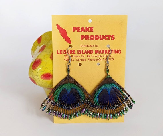 Funky Vintage Peacock Feather & Bead Earrings- Da… - image 1