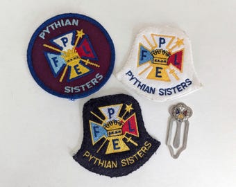 Lot of Vintage PYTHIAN SISTERS Memorabilia- Embroidered Patches Metal Bookmark w/ Enamel Badge Fraternal Organization Collectible