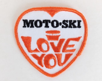 Vintage 1970s "Moto-Ski I Love You" Embroidered Patch- Snowmobile Winter Sports Les Industries Bouchard Orange White Black Accesory