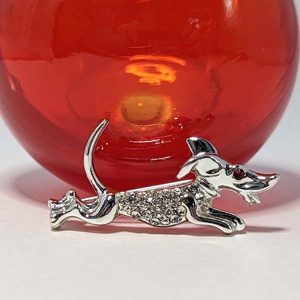 Cute Mid Century Vintage Dog Brooch w/ Rhinestone Accents- Small Pin Animal Figural Silver Tone Finish