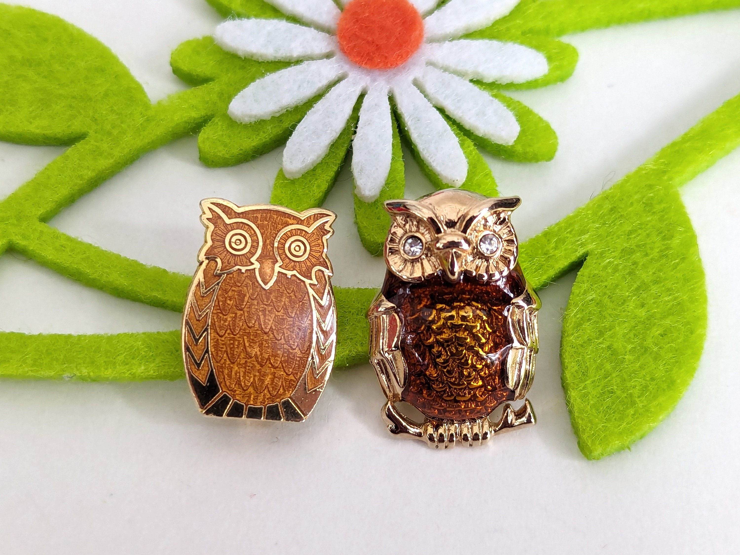 Pair of Small Vintage Enamel Owl Lapel or Scatter Pin Brooches- Brown Gold Tone Rhinestone Eyes Whim