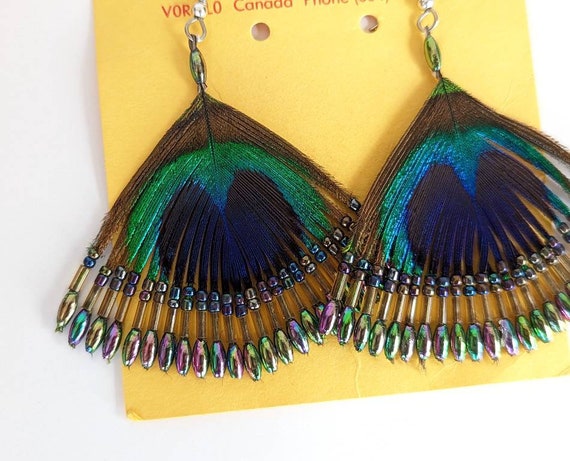Funky Vintage Peacock Feather & Bead Earrings- Da… - image 4
