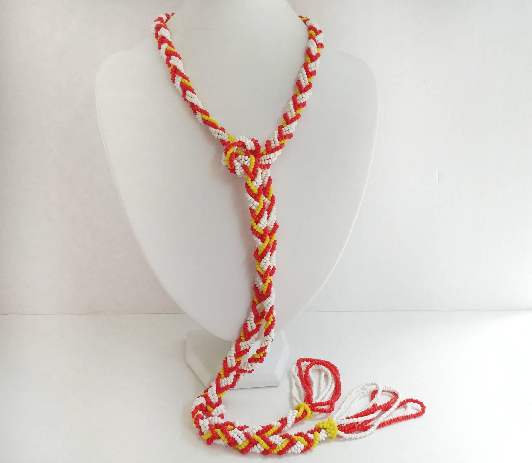 Stunning Handmade Beaded Braided Rope Style Statement Necklace Belt Headband Coil Wrap Red Yellow White Native American Boho Hippie