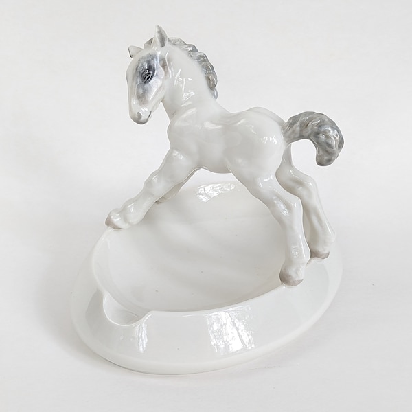 1940s HUTSCHENREUTHER SELB Ashtray w/ Colt Horse Figurine Made in US Zone Germany- Kunstabteilung Vintage Collectible Porcelain Tobacciana