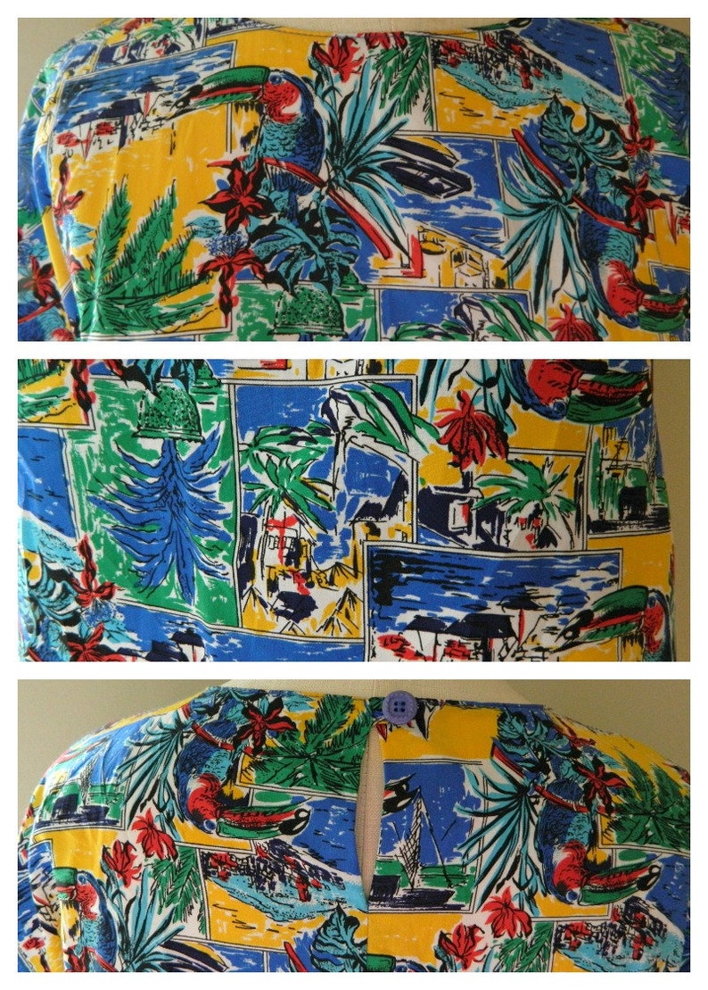 Fun Caribbean Inspired Blouse w Toucan Palm Tree /& Boat Motif Cruise Wear Tropical Vacation Red Green Blue Yellow Shirt Size Medium Large