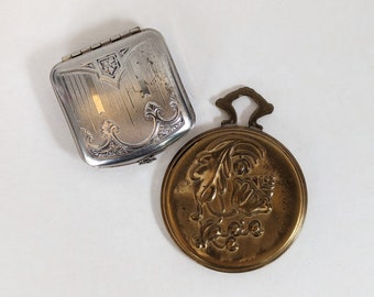 Pr. Antique Art Nouveau Chatelaine or Pocket Hand Mirror & Art Deco Makeup Powder Compact- Beauty Cosmetics Collectibles Floral Flourish