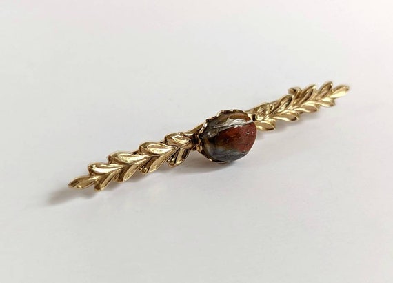 Vintage Jasper Gemstone Bar Style Brooch Pin w/ L… - image 3