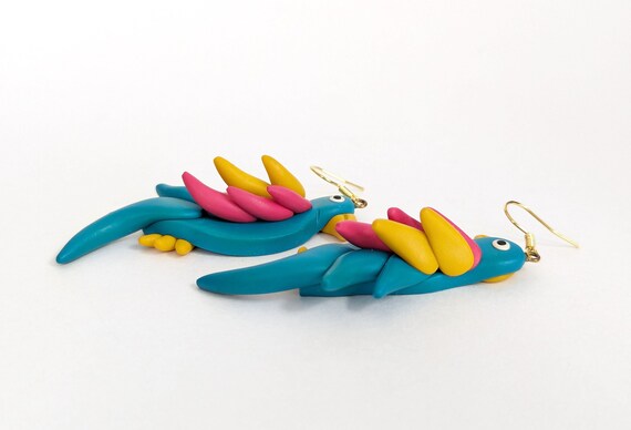 1990s Vintage Polymer Clay Parrot Earrings- Dangl… - image 3