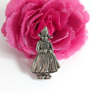 Sweet Older Vintage Dutch Girl Brooch- Collectible Travel Souvenir Holland Netherlands Figural Pin Silver