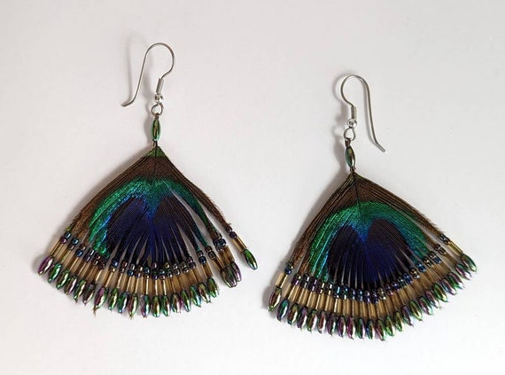 Funky Vintage Peacock Feather & Bead Earrings- Da… - image 6