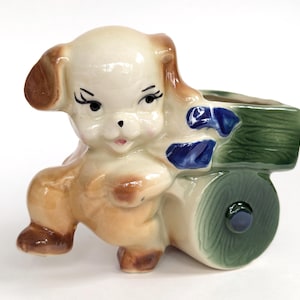 Small Vintage Dog & Cart Planter Pot- Shawnee? Style Anthropomorphic Kitsch 1950s/1960s Cute Kitsch Collectible Kitschy Home Decor