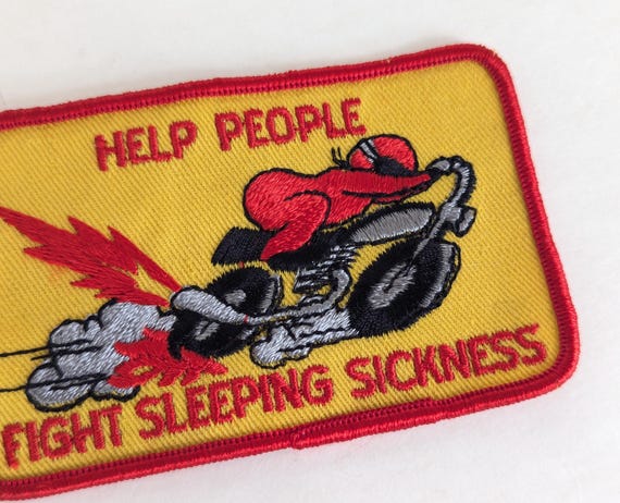 VTG 1970s/80s "Help People Fight Sleeping Sickness" Motorcycle Racing Embroidered Patch- Novelty Clothing Accessory Craft Sewing Supplies View 4